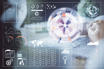 Double exposure of woman's hands on background with technology and digital coding icons. Data development concept. Close up.