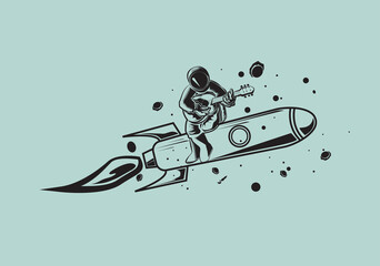 astronaut sitting on rocket with acoustic guitar. vector illustration of astronaut in eps 10. perfect to print on tee shirt and any merchandise. planetarium and music design concept.