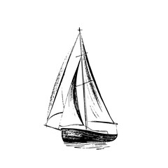 Sailing boat at sea. Abstract minimalistic style. Hand drawn in black ink, brush and paint texture. Vector illustration