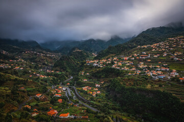 Sao Vicente or San Vicente, Madeira, Portugal - October 2021: The fragment view of Sao Vicente village from mountain. Long exposure picture