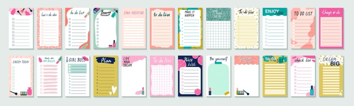 Collection Of Weekly Or Daily Planner. To Do Or Task List, Reminder Sheet, Scheduler Or Organizer With Decorative Elements And Cosmetic Products. Cartoon Flat Vector Set Isolated On Gray Background