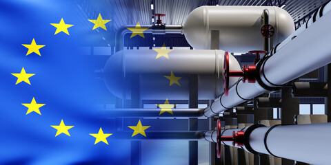 EU chemical industry. Industrial equipment with flag of Europe. Banner of European Union in front of chimneys. Pipes inside chemical factory. Production of Chemicals in European Union. 3d image.