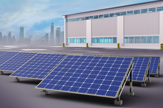 Solar panels. Production of solar modules. Production of modules for power plants concept. Solar modules in front of hangar. Traps of sunbeams in Industrial area. Art Blurred. 3d rendering.