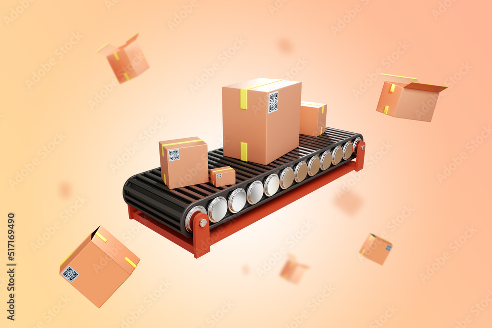 Poster conveyor with boxes. automated warehouse logistics. cardboard boxes go on conveyor. concept of logis