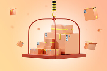 Platform with boxes. Suspended platform with courier parcels. Flying cardboard boxes. Warehouse logistics concept. Fulfillment business. Cartoon style cardboard boxes. Fulfillment process. 3d image