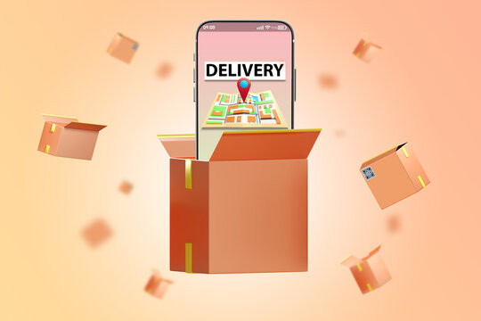Courier box. Phone with delivery logo. Concept targeted delivery of order. Courier delivery from online store. Card with address for courier on smartphone screen. Postal Service Application. 3d image