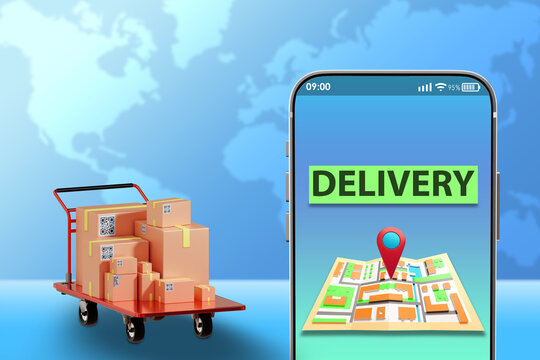 Phone courier. Word delivery over maps. Delivery offer from online store. Delivery service website. Courier business. World map symbolizes international mail. Trolley with boxes. 3d image