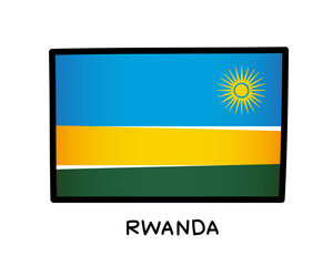 Flag of Rwanda. Colorful logo of the Rwandan flag. Blue, yellow and green brush strokes drawn by hand. Black outline. Vector illustration