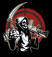 Grim Reaper holding a rifle and scythe in his hand, with a target on background, vector illustration.