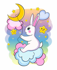 Cute cartoon white bunny and moon. Sweet dreams print, vector card