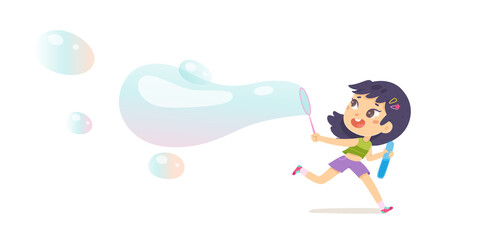 Child blowing soap bubble and running, happy little girl holding maker to blow balloon