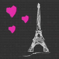 Eiffel tower on black background, pink hearts, burlap texture
