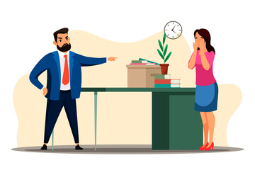 Unemployment concept with angry boss dismisses employee. Director points fired manager at door, crying woman standing in cabinet. Jobless troubles, work crisis, job reduction. Vector illustration