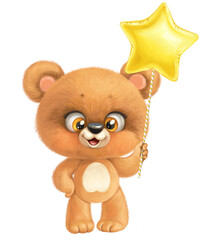 Baby Bear holding a balloon in a heart shape isolated on a white background