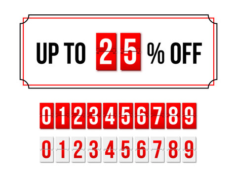 Discount special offer template for season sales, up to 25 off text, flip numbers