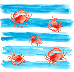 Image of Watercolor red crabs on isolated blue brush strokes background. Fresh organic seafood shellfish illustration printed on Printed Glass Splashbacks