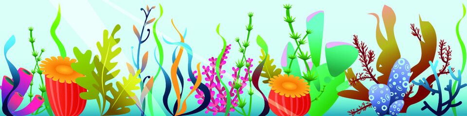 Obraz na płótnie Canvas colorful illustration at the bottom.Decorative colorful seaweeds and corals in the water column.Botanical illustration with aquatic inhabitants and plants for print,design,creativity.