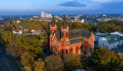 Catholic temple. Church of St. Joseph. Ukraine. Nikolaev: November 14, 2020. The city before the...