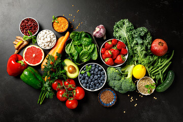 Healthy food. Healthy eating background. Fruit, vegetable, berry.  Vegetarian eating. Superfood
