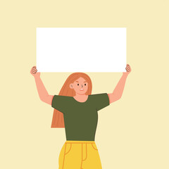 Female activist holds a poster. A young woman with her hand raised holds a placard during a protest. Vector illustration of a cartoon character in a flat style.