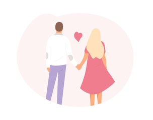 Obraz na płótnie Canvas Happy people walking holding hands, back view. Vector isolated man and woman spending time together. Love you