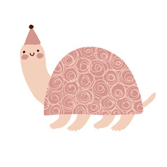 Cute Abstract Nursery Vector Illustration with Funny Hand Drawn Blush Pink Turtle Isolated on a White Background. Party Turtle Print ideal for Card, Wall Art, Invitation, Poster.
