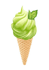 Matcha ice cream. Green cool dessert in waffle cup with tea leaves. Green tea flavor, organic ingredient. Vector sketch, hand-drawn illustration.