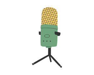 Hand drawn cute cartoon illustration of microphone. Flat vector sound recording studio sticker in simple colored doodle style. Audio device icon or print. Isolated on white background.