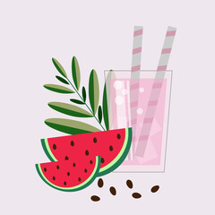 Tropical summer illustration with the watermelon in pink juice and tropical leaves on the background. Vector