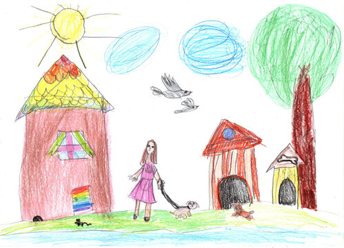 Child drawing of a happy family on a walk outdoors with a dog