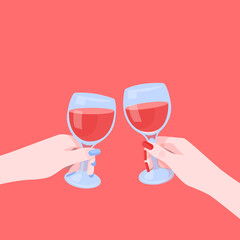 Women's hands holding the glasses with wine. Vector flat illustration