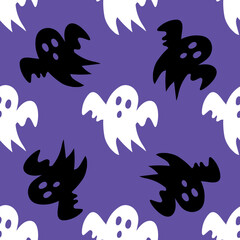 Ghosty scary pattern, colorful Halloween print. Autumn wallpaper or party background with ghosts - for fabric, for textiles, for wrapping paper. Halloween seamless pattern with scary funny ghosts.