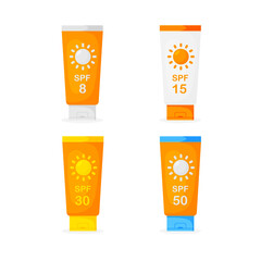 Set of sunscreen moisturizing cream tube in trendy flat style. SPF 8, 15, 30, 50. Protection for skin from solar ultraviolet light. Packaging template. Vector illustration.
