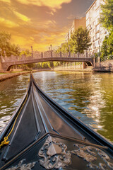 Porsuk creek and touristic gondola passing through Eskisehir city center