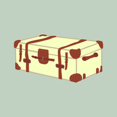 Old fashioned yellow suitcase or box with brown leather details. Hand drawn styled design.