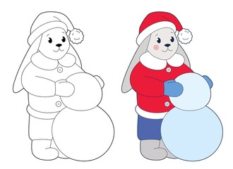 Cute little rabbit in red hat is making snowman. Design element or page of children's coloring book.