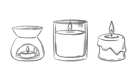 A set of oil lamps and wax candles with a wick in a glass candlestick. Sketch in doodle style. Air freshener and candles drawn in sketch style. Isolated vector illustration.