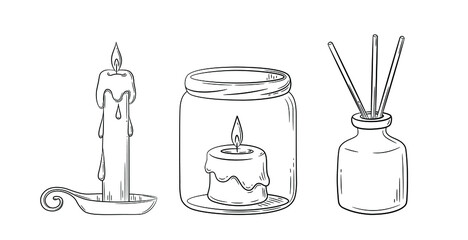 A set of diffuser and wax candles with a wick in a glass holder with a wooden lid. Sketch in doodle style. Air freshener and candles in a jar drawn in a sketch style. Isolated vector illustration.