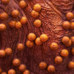 Medical background, Staphylococcus aureus, a type of spherical gram-positive bacteria, causes a disease of the skin, mucous membranes of the upper respiratory tract, 3d rendering