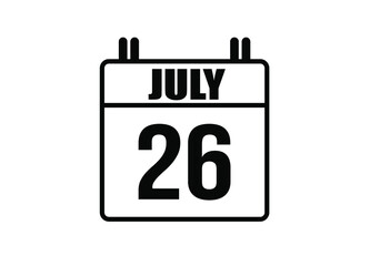 26 july calendar. Simple calendar page for the month of July. Black vector on white background.