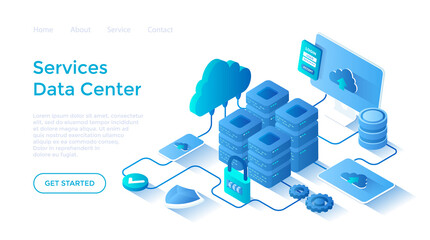 Data Center Cloud Services Information processing, hosting, provider, storage, networking, management and distribution of data. Landing page template for web on white background.