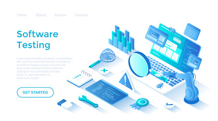 Software Testing. Process evaluation software application or website. Computer code analysis. Identification and removal of defects. Landing page template for web on white background.