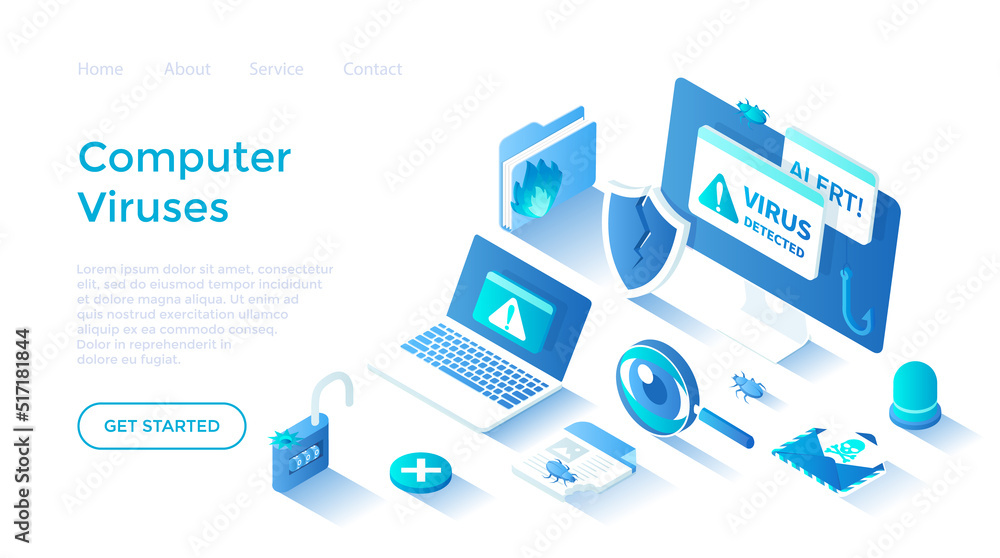 Poster computer viruses. errors detected, alert messages, bugs, open lock, infected files, broken shield. m