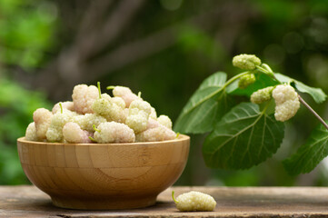 Fresh white mulberries in bowl on wooden table in the garden, summer fruit concept 