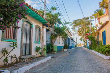 Fototapeta na wymiar Beautiful and colorful colonial streets in Passage neighborhood, Cabo Frio, Brazil