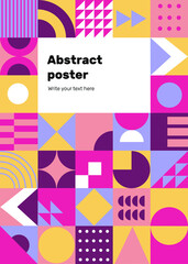 Abstract. Modern grid posters with geometric shapes, geometry graphics background vector set. Circle, triangle and square. Yellow, blue, purple and pink color, trendy Bauhaus pattern backgrounds set