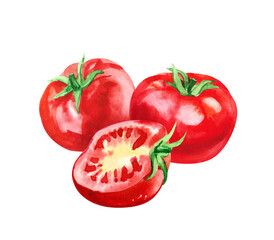 Hand painted watercolor delicious ripe tomatoes illustration isolated on white background.