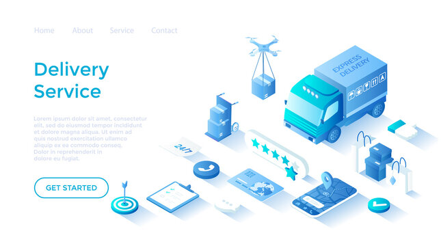 Delivery Service. Express delivery, Online tracking shipping order. Delivery truck, drone, mobile app, parcels. Landing page template for web on white background.