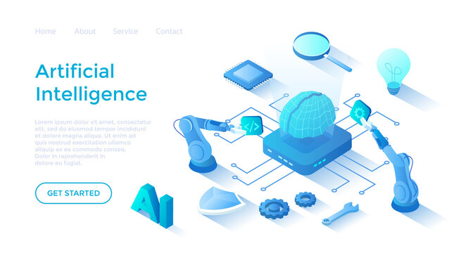 Artificial Intelligence AI, Digital brain, Artificial thinking process. Future technology, Machine learning, Smart brain computer, Neural networks. Landing page template for web on white background.