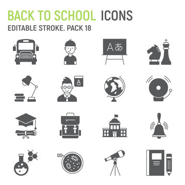 School glyph icon set, education collection, vector graphics, logo illustrations, back to school vector icons, education signs, solid pictograms, editable stroke